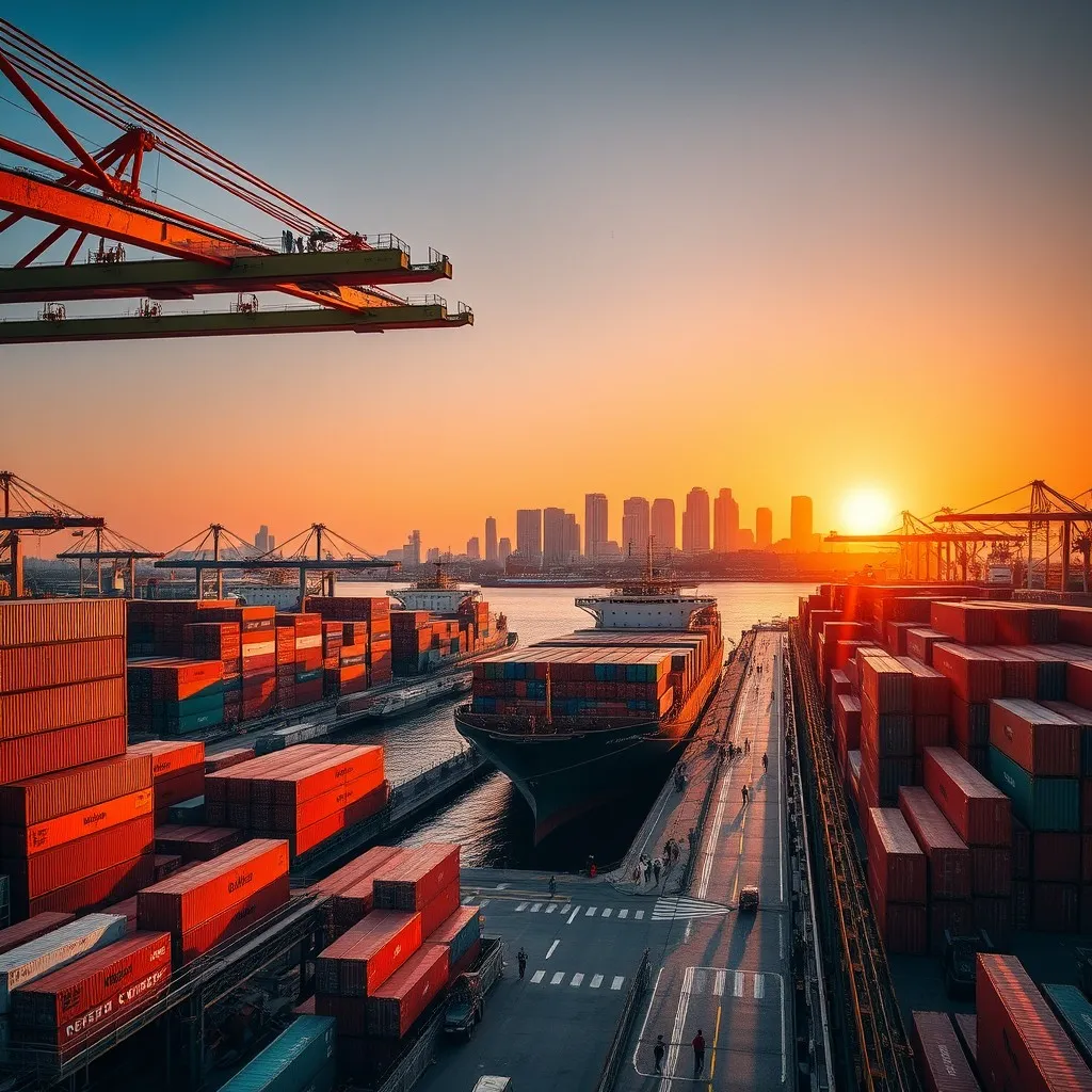 A-bustling-port-scene-at-Ningbo-Zhejiang-province-during-the-golden-hour-just-before-sunset