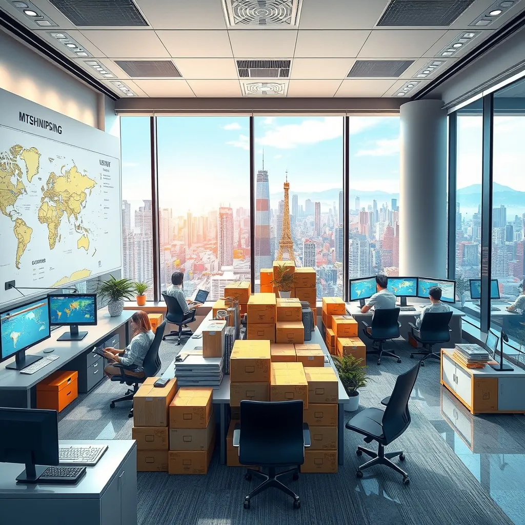 a bustling shipping office in Guangzhou, showcasing operations