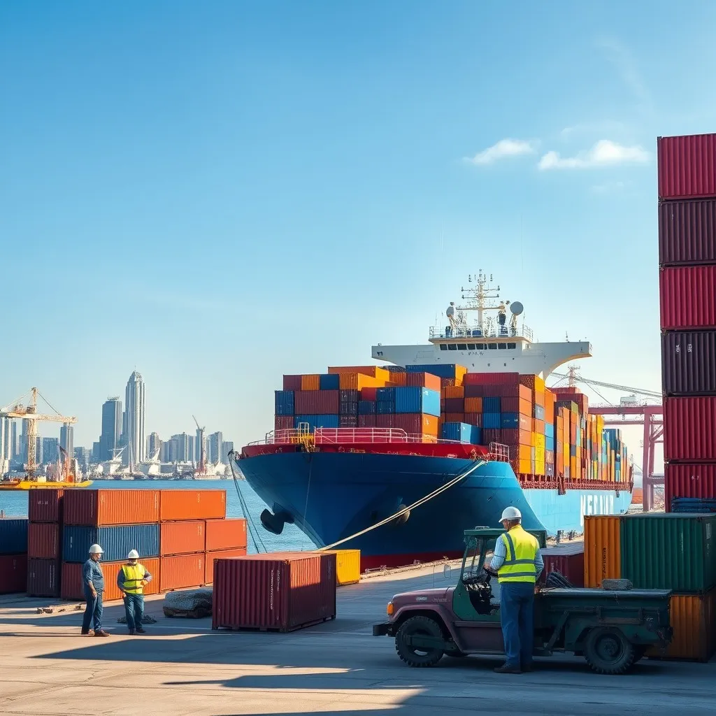 a busy shipping port in Qingdao during the day Showcase a large cargo ship docked at the port