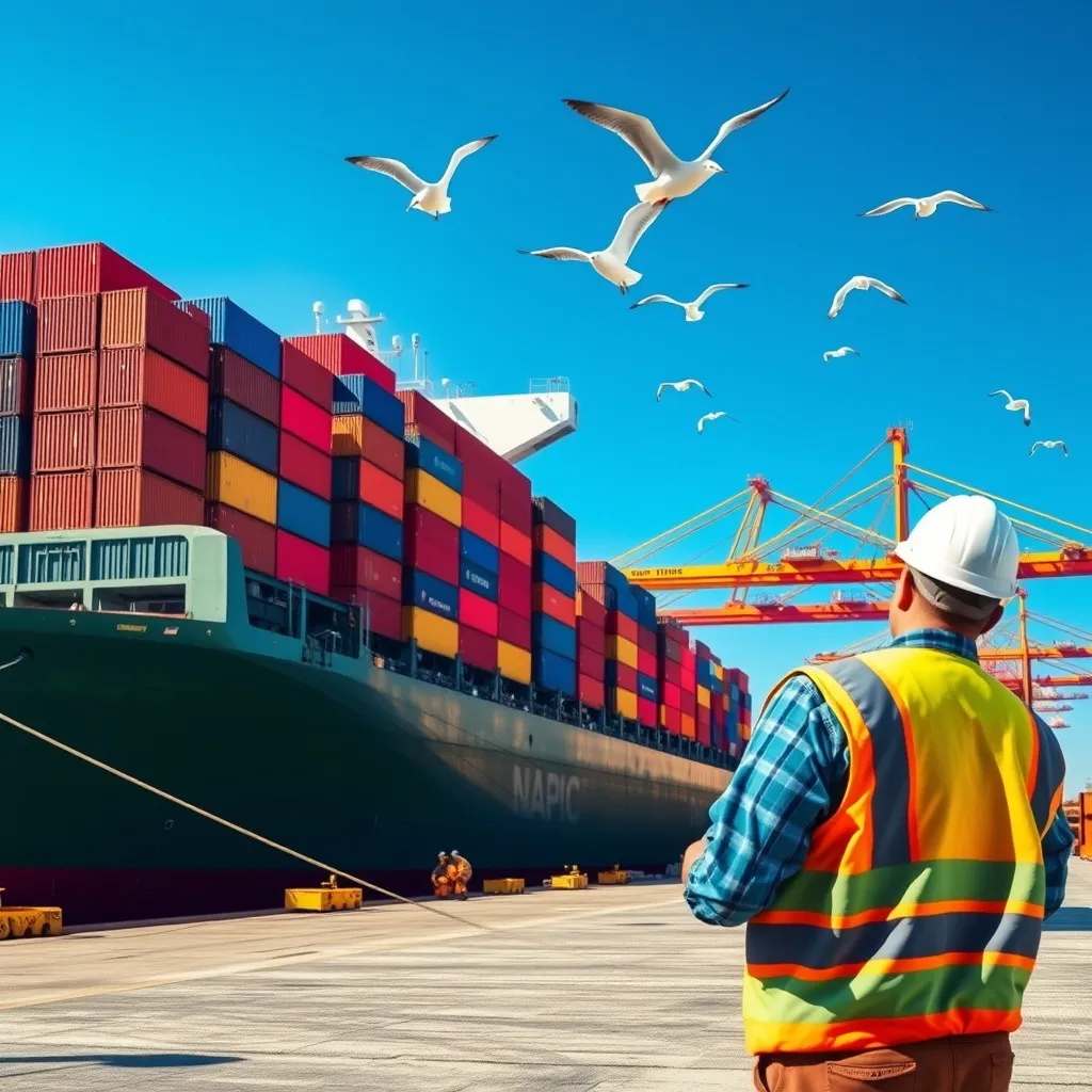 depicting a cargo ship docked at a bustling port The ship is filled with colorful shipping containers stacked high