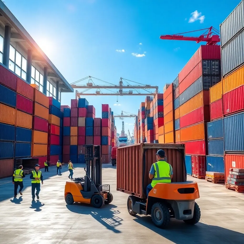logistics hub in China modern shipping warehouse filled with large neatly stacked containers