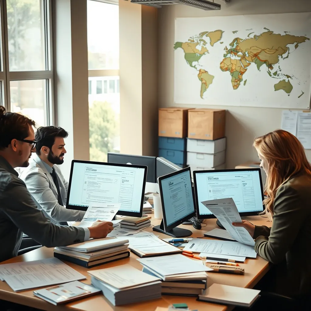 office environment where a diverse group of professionals is working on shipping documentation